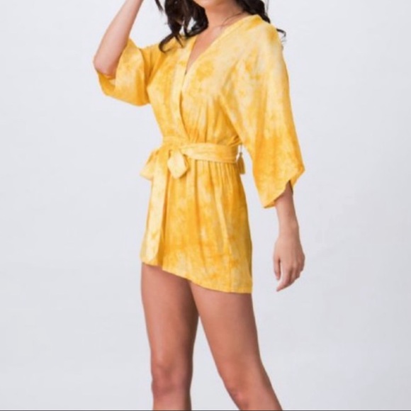 Yellow Tie Dye Surplice Kimono Romper - Picture 2 of 3